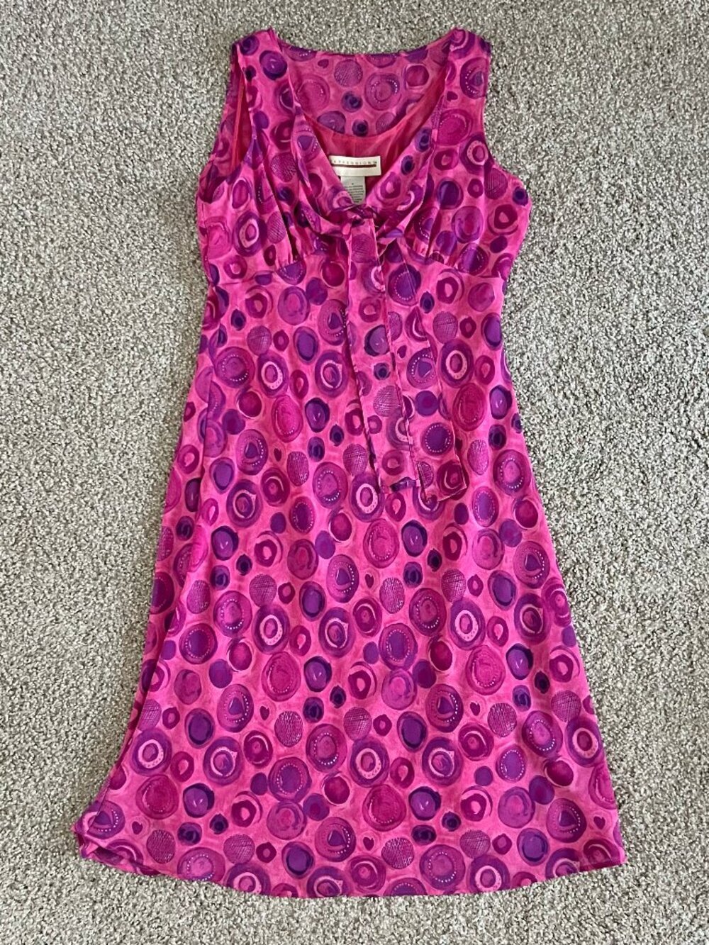 90s Y2K V-Neck Abstract Dot Chiffon Tie Front Pink Dress Expressions Retro Sz M